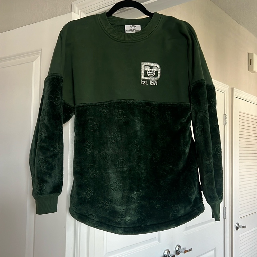 Barely worn, disney crew neck, spirit jersey, green with soft velvet